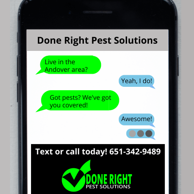 A screenshot of a text conversation with a pest control company, discussing pest control services in Andover MN.