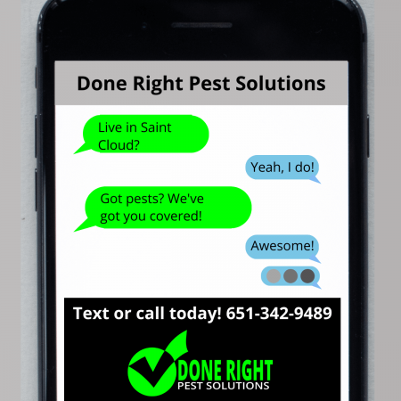 Screenshot of a text conversation with a pest control company, discussing pest control services in Saint Cloud, MN.